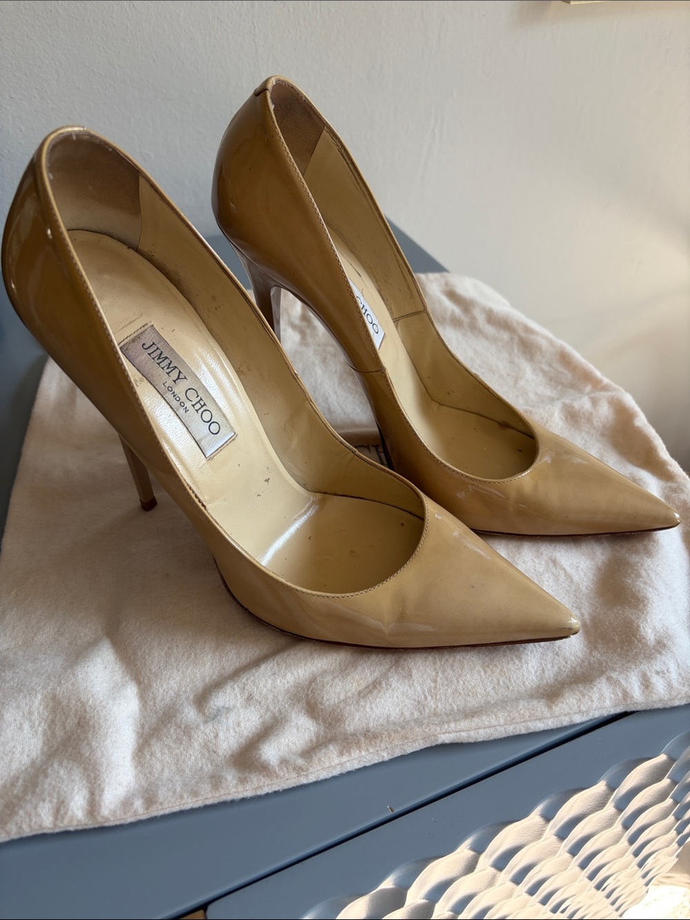 Jimmy Choo Anouk Beige Patent Leather Pointed-Toe Stiletto Pumps